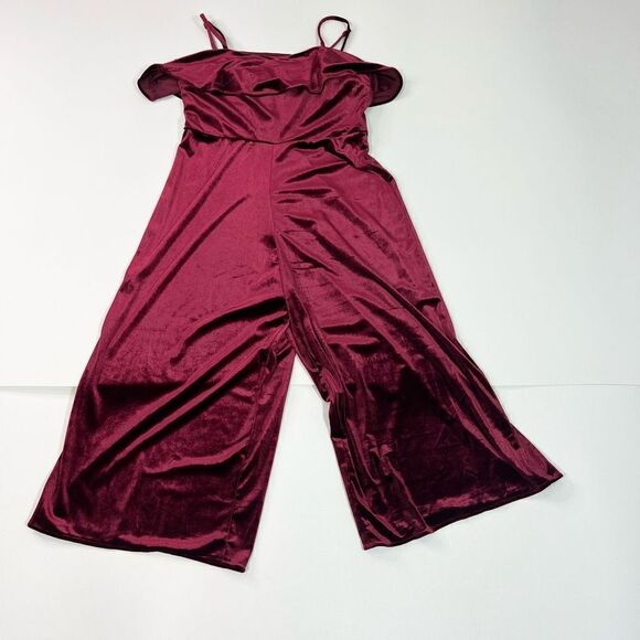 Avec Les Filles Bardot Jumpsuit Women's 10 Wine Red Cropped Ruffles Back Zip - Picture 1 of 11